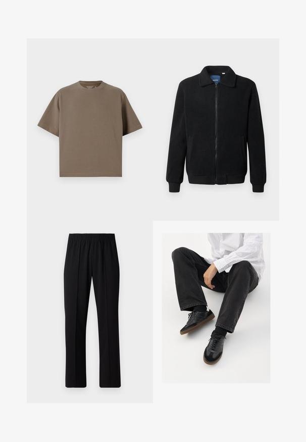 Schwarze Fleecejacke mit Reißverschluss, Stehkragen, gerippten Bündchen und seitlichen Taschen mit strukturiertem Oberflächenmaterial.; Braunes, kurzärmliges T-Shirt aus weichem Stoff mit rundem Ausschnitt. Es hat eine lockere Passform und einfache Saumdetails.; Schwarze, Gummibund-Hosen mit geradem Schnitt, die eine glatte Textur aufweisen und keine sichtbaren Muster oder Beschläge haben.; Schwarze Sneakers mit einer glatten und strukturierten Oberfläche, ausgestattet mit einer Gummisohle und dunklen Schnürsenkeln. Kombiniert mit schwarzen Jeans und einem gestreiften weißen Hemd.