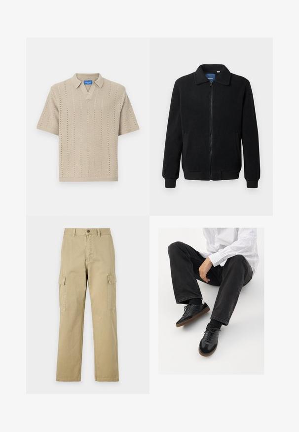 Melnā vilnas jaka ar rāvējslēdzēju, stāvošu apkakli, ribotām piedurknēm un sānu kabatām ar teksturētu virsmu.; Beige īsām piedurknēm adīta polo krekls ar V veida apkakli, vertikālajām svītrām un ribotām malām. Viegls teksturēts audums.; Beige kravas bikses no kokvilnas, kas aprīkotas ar divām sānu kabatām, pogu aizdari un taisnām kājām ar nedaudz teksturētu audumu.; Melnas sporta kurpes ar gludu un teksturētu virsu, apgādātas ar gumijas zoli un tumšiem auklām. Saskaņotas ar melniem džinsiem un baltu svītrainu krekls.