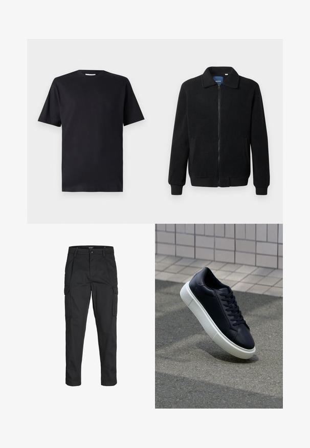 Schwarze Fleecejacke mit Reißverschluss, Stehkragen, gerippten Bündchen und seitlichen Taschen mit strukturiertem Oberflächenmaterial.; Schwarzes kurzärmliges T-Shirt aus Baumwolle mit einem Rundhalsausschnitt und klassischem Schnitt, ohne Muster oder sichtbare Markenlogo.; Schwarze Cargo-Hose aus robustem Material, mit mehreren Taschen, einem Knopfverschluss und einem Slim-Fit-Design mit schmal zulaufenden Beinen.; Schwarze Leder-Sneaker mit runder Zehenpartie und weißer Gummisohle. Verfügt über flache Schnürsenkel und minimale Nähte im Obermaterial. Strukturiertes Sohlenprofil für besseren Halt.