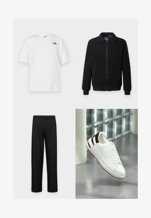 Black fleece jacket featuring a zip closure, stand collar, ribbed cuffs, and side pockets with a textured surface.; White short-sleeve T-shirt with small blue logo and "1967" text on the upper left chest, displayed on a plain background.; Black trousers made of smooth fabric, featuring a straight-leg design, two front pleats, and standard waistband with belt loops.; White leather sneakers with black accents, flat lace closure, and textured sole. Features "GUESS" logo on the side and tongue.