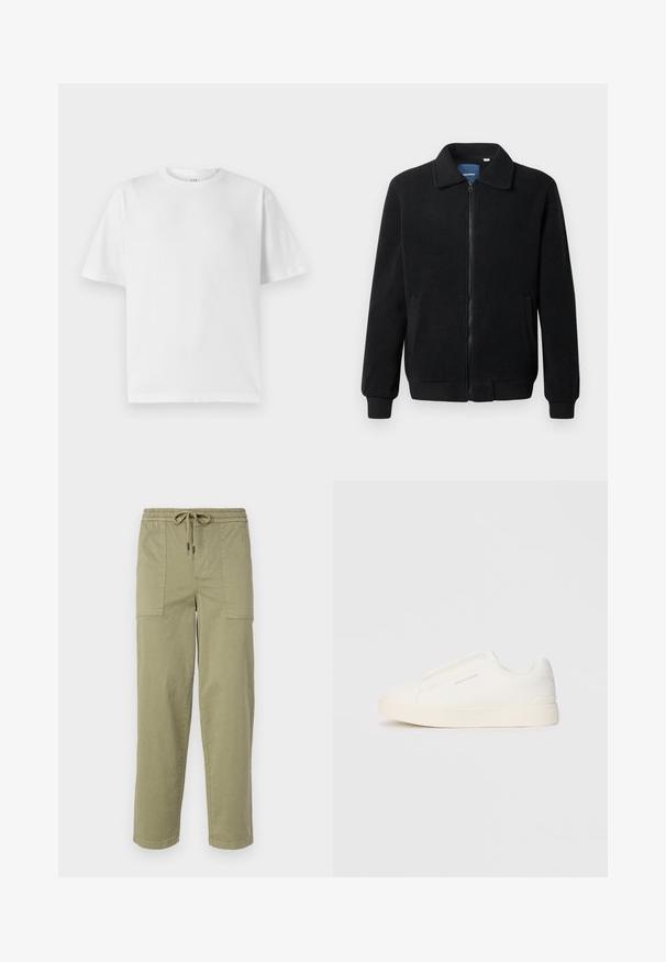 Black fleece jacket featuring a zip closure, stand collar, ribbed cuffs, and side pockets with a textured surface.; White cotton t-shirt with a crew neckline and short sleeves. Features a loose fit and a smooth texture. No visible patterns or graphics.; Light olive green pants made of cotton blend fabric, featuring an elastic waistband with drawstring, and two large side pockets.; White slip-on sneakers with a textured surface, a thick sole, and minimalistic design. Features brand logo on the side.