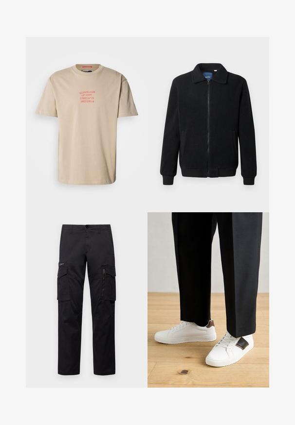 Musternahk fleece-jakk musternahaga, tõmblukk, seisev kaelus, soonikkoes varrukad ja küljetaskud tekstuurse pinnaga.; Beežist puuvillane T-särk ümarate krae, lühikeste varrukate ja punase trükiga tekstiga: "SCOTCH & SODA ART DEPT. CLASS OF '85 AMSTERDAM."; Mustad mustree püksid, millel on mitu taskut, lukuulukuga tasku reie peal, sirge lõige ja tugevast puuvillast materjal, millel on kerge läige.; Valged sneakersid siledat tekstuurist, millel on pruunad nahast detailid ja mustad aksessuaarid, millele on sobitatud mustad kohandatud püksid. Puitpõranda taust.