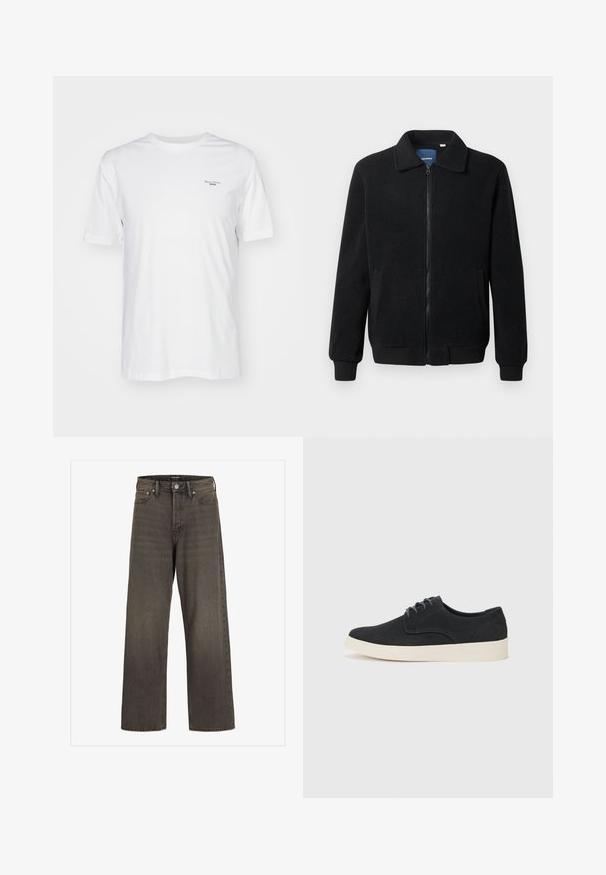 Crni flis jakna s zatvaranjem na zip, stojećim ovratnikom, rebrastim manžetama i bočnim džepovima s teksturiranom površinom.; Bijela pamučna majica s okruglim izrezom, kratkim rukavima i malim otisnutim logotipom na lijevoj strani prsnog područja. Mekani materijal, standardna kroja.; Široke traperice u tamnosivom denimu, s visokim strukom, klasičnim dizajnom s pet džepova i kontrastnim šavovima duž šavova.; Crne nubuk cipele s vezicama i okruglim nosom, lagana kremasta srednja podrška i suptilni plavi šavovi na gornjem dijelu.