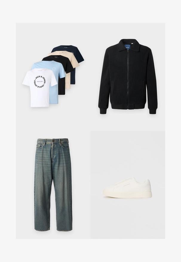 Casaco de polar preto com fecho de correr, gola alta, punhos canelados e bolsos laterais com uma superfície texturizada.; Conjunto de cinco camisetas em branco, azul claro, preto, bege e azul marinho. Estilo de gola redonda com impressão gráfica nas camisetas brancas e azul claro.; Jeans de ganga azul claro com um corte solto, cintura média e pernas retas. Apresenta cinco bolsos, passadores de cinto e fecho com botão.; Sapatilhas brancas de atacar com uma superfície texturizada, sola grossa e design minimalista. Possui o logo da marca na lateral.