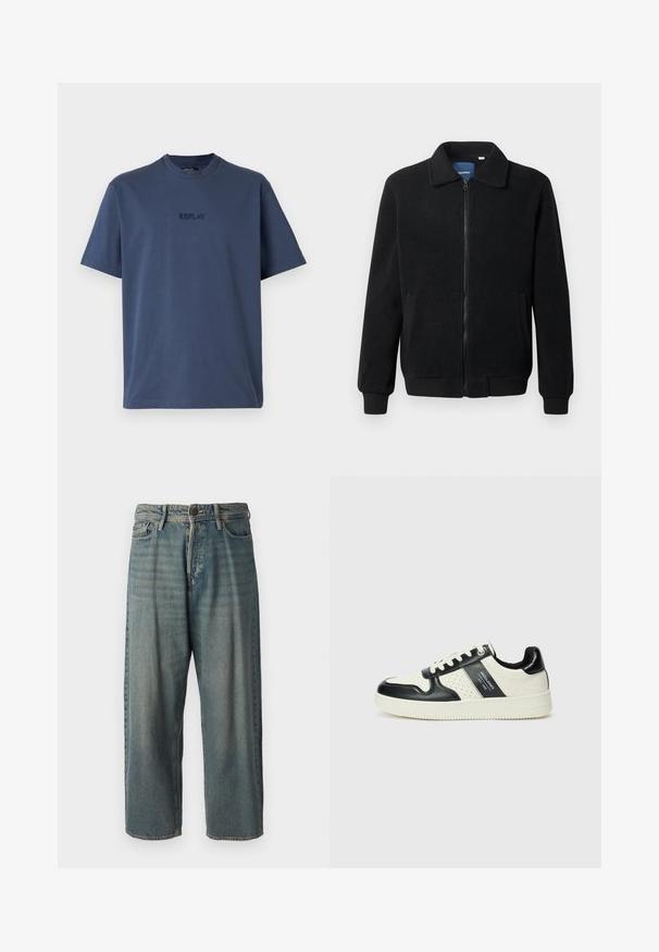 Fekete bolyhos dzseki cipzárral, állógallérral, bordázott mandzsettákkal és oldalzsebekkel, textúrált felülettel.; Rövid ujjú, sötétkék pamut póló, kerek nyakkivágással; finoman hímzett "REPLAY" logóval a mellrészen.; Világoskék farmernadrág, laza fazonnal, közepes derékbőséggel és egyenes szárral. Öt zsebet, övbucskát és gombos záródást tartalmaz.; Fekete és krém színű bőrsneaker, perforált díszítésekkel, párnázott bokapánttal és texturált talppal.