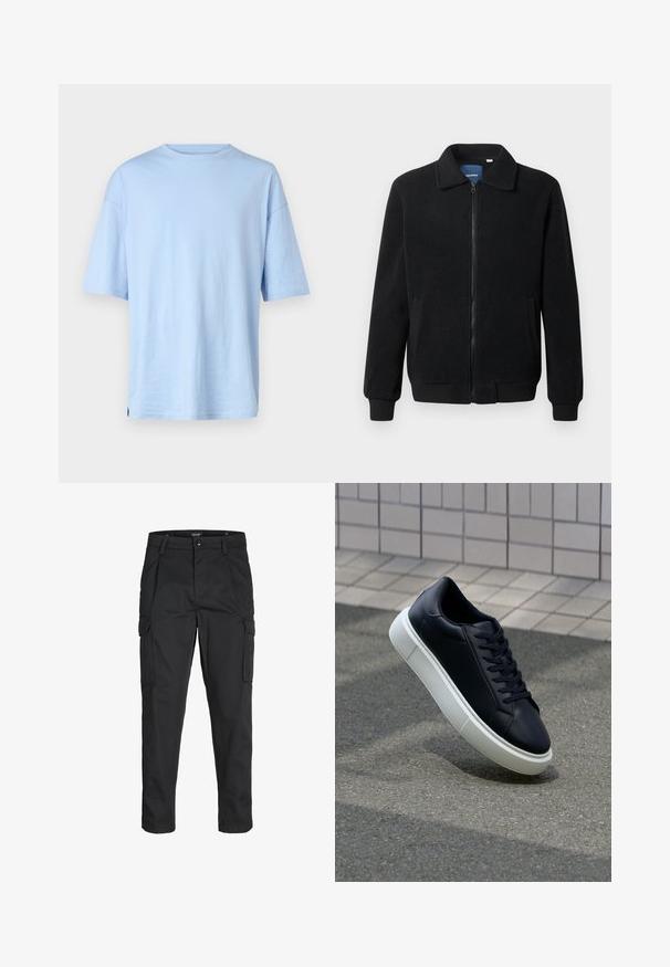 Svart fleece jakke med glidelås, høy krage, ribbestrikkede mansjetter og sidelommer med strukturert overflate.; Lys blå kortermet t-skjorte laget av myk bomull. Har rund hals og avslappet passform. Ingen synlige mønstre eller detaljer.; Sorte cargo bukser laget av slitesterkt stoff, med flere lommer, knappelukking og en slim fit-design med avsmalnede ben.; Sorte skinnsneakers med rund tå og hvit gummisåle. Har flate lisser og minimal søm på overdelen. Strukturert såle for grep.