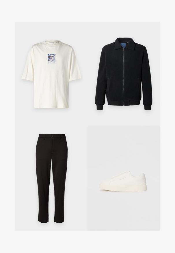 Black fleece jacket featuring a zip closure, stand collar, ribbed cuffs, and side pockets with a textured surface.; Short-sleeve cream T-shirt made of cotton, featuring a square graphic of a New York street scene in the center. Standard crew neck design.; Black trousers made of lightweight fabric, featuring a straight leg, front button closure, belt loops, and side pockets.; White slip-on sneakers with a textured surface, a thick sole, and minimalistic design. Features brand logo on the side.