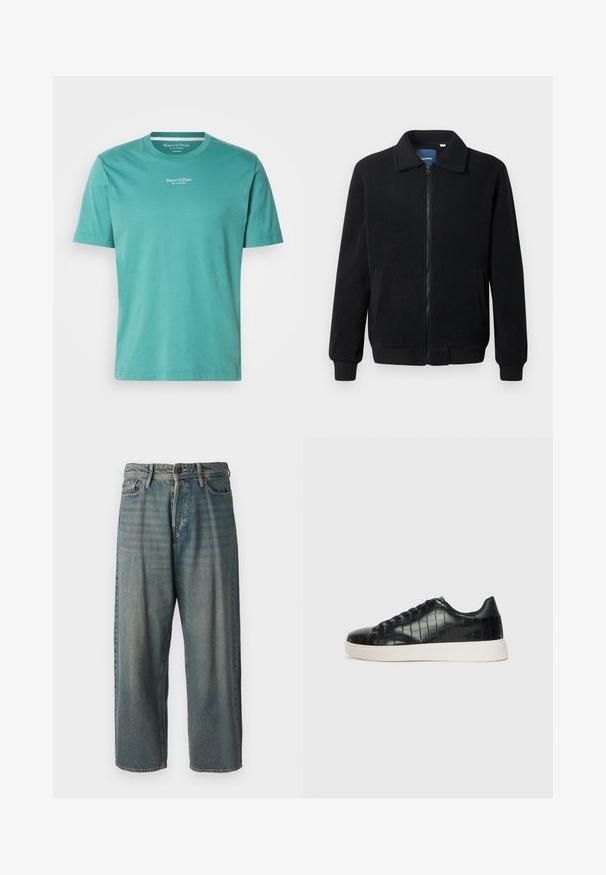 Černá fleecová bunda s zipovým uzávěrem, stojáčkem, vroubkovanými manžetami a bočními kapsami s texturovaným povrchem.; Tyrkysové bavlněné tričko s kulatým výstřihem, krátkým rukávem a bílým logem na hrudi. Běžný střih s hladkou texturou.; Světle modré denimové džíny s volným střihem, středně vysokým pasem a rovnými nohavicemi. Obsahují pět kapes, poutka na opasek a zapínání na knoflík.; Černé tenisky s texturovaným vrškem z kůže s embosovaným hadím vzorem, kulatou špičkou a kontrastní bílou gumovou podrážkou s hladkým povrchem.