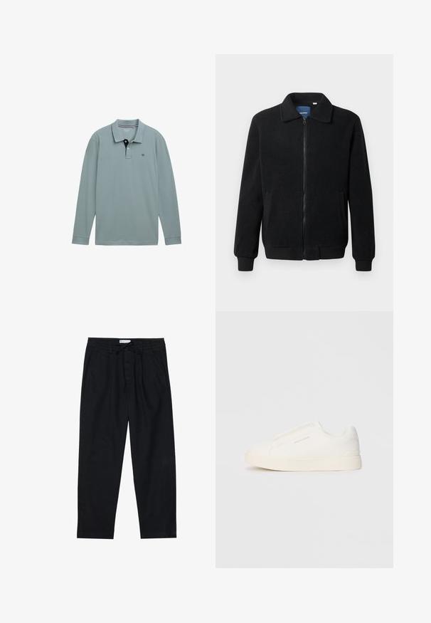 Melnā vilnas jaka ar rāvējslēdzēju, stāvošu apkakli, ribotām piedurknēm un sānu kabatām ar teksturētu virsmu.; Gaišzils garās piedurknes polo krekls ar kontrastējošu tumši zilu apkakli. Izgatavots no kokvilnas materiāla, ar mazu logo kreisajā krūtī. Klasiska piegriezuma.; Pier One Chinos tipa bikses - black; Baltas slip-on sporta apavi ar teksturētu virsmu, biezu zoli un minimālistisku dizainu. Sānos redzams zīmola logotips.
