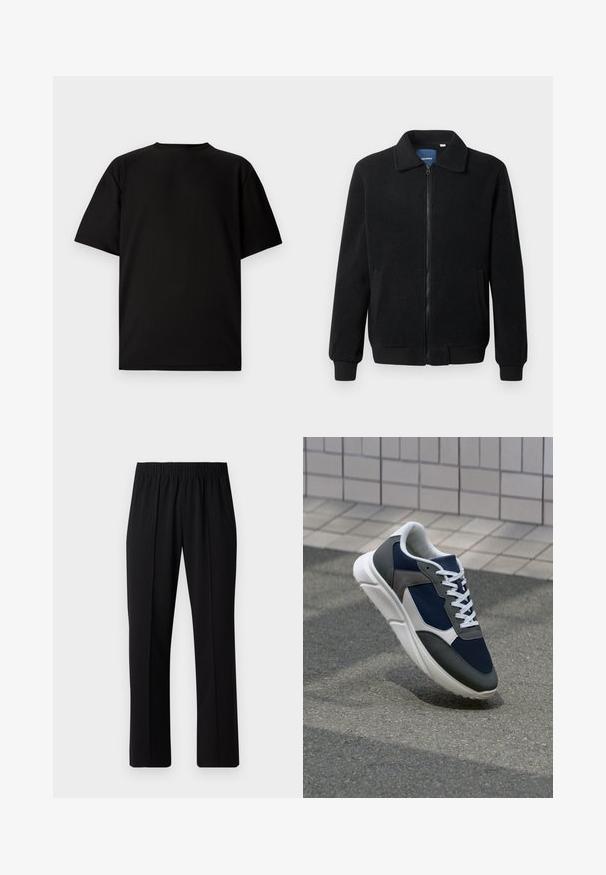Fekete bolyhos dzseki cipzárral, állógallérral, bordázott mandzsettákkal és oldalzsebekkel, textúrált felülettel.; Fekete, rövid ujjú póló bordázott anyagból. Kerek nyakú, laza szabású, sima tapintású. Csak hátulról látható.; Fekete, gumíros derekú nadrág egyenes szabással, sima felülettel, látható minták vagy fémrészek nélkül.; Cipő, amelynek sötétkék hálós felsőrésze, szürke velúr díszítései, fehér gumitalpa és lapos fehér fűzője van, a kényelem és a légáteresztő képesség érdekében tervezve.