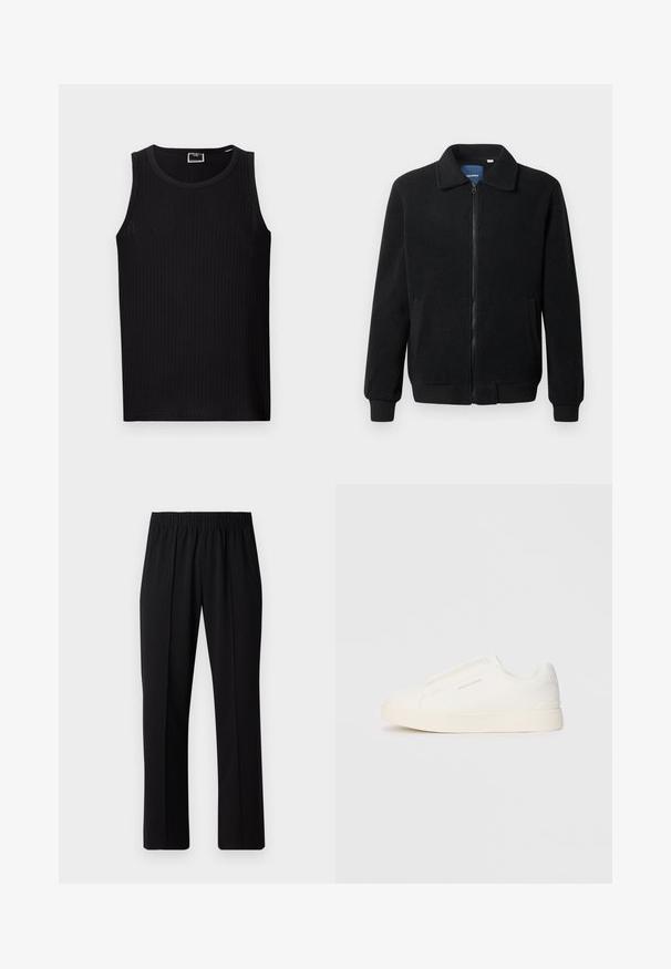 Schwarze Fleecejacke mit Reißverschluss, Stehkragen, gerippten Bündchen und seitlichen Taschen mit strukturiertem Oberflächenmaterial.; Schwarzes geripptes Tanktop mit rundem Ausschnitt, ärmellosem Design und einem weichen, strukturierten Stoff. Verfügt über einen geraden Saum und minimale Branding-Elemente.; Schwarze, Gummibund-Hosen mit geradem Schnitt, die eine glatte Textur aufweisen und keine sichtbaren Muster oder Beschläge haben.; Weiße Slip-On-Sneaker mit einer strukturierten Oberfläche, dicker Sohle und minimalistischem Design. Mit Logo der Marke an der Seite.
