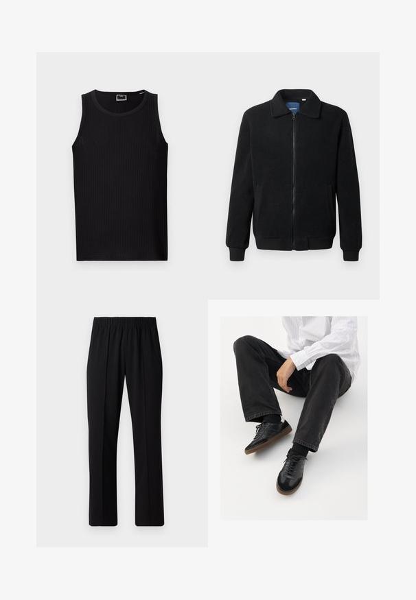 Musternahk fleece-jakk musternahaga, tõmblukk, seisev kaelus, soonikkoes varrukad ja küljetaskud tekstuurse pinnaga.; Must mustriba top ringikuga, ilma varrukateta disainiga ja pehme, tekstuurse kangaga. Omab sirget äärt ja minimaalset brändingut.; Mustad, elastse puusärgid sirge säärega, mis on sileda tekstuuriga ja ilma nähtavate mustrite või riistadega.; Mustad spordijalatsid siledast ja tekstuurilisest ülemisest osast, millel on kummist tald ja tumedad nöörid. Kombineeritud mustade teksade ja valge triibulise särgiga.