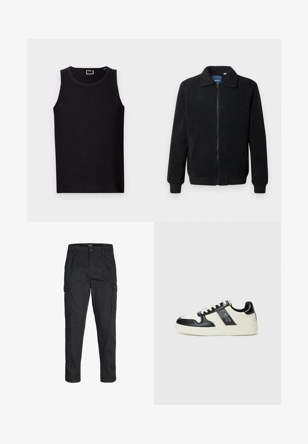 Black fleece jacket featuring a zip closure, stand collar, ribbed cuffs, and side pockets with a textured surface.; Black ribbed tank top with a round neckline, sleeveless design, and a soft, textured fabric. Features a straight hem and minimal branding.; Black cargo pants made of sturdy fabric, featuring multiple pockets, a button closure, and a slim fit design with tapered legs.; Leather sneakers with a black and cream color scheme, featuring perforated accents, a padded collar, and a textured outsole.