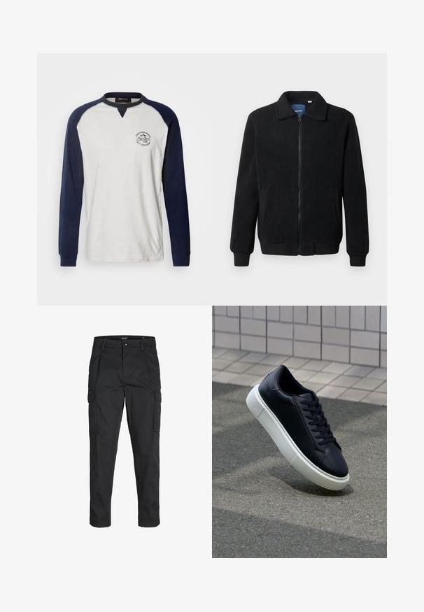 Musternahk fleece-jakk musternahaga, tõmblukk, seisev kaelus, soonikkoes varrukad ja küljetaskud tekstuurse pinnaga.; INDICODE JEANS Pikkade varrukatega topp - navy/off-white; Mustad mustapõlvik, mis on valmistatud tugeva koe kasutades, sisaldab mitmeid taskuid, nupule kinnitatav sulgemine ja kitsenev disain.; Mustast nahast tennisetoss, millel on ümar nina ja valge kummist tall. Omab siredaid paelu ja minimaalset õmblemist ülemises osas. Tekstuuriga tald, mis tagab haakuvuse.