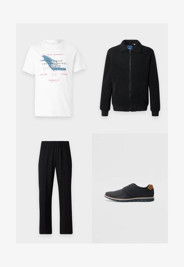 Black fleece jacket featuring a zip closure, stand collar, ribbed cuffs, and side pockets with a textured surface.; White cotton t-shirt featuring a blue airplane graphic and red text. Design includes aviation-themed details and various print sizes.; Black, elastic-waist trousers with a straight-leg design, featuring a smooth texture and no visible patterns or hardware.; Black synthetic shoes with a textured upper, smooth accents, brown heel, and a contrasting sole. Features minimal lacing and stitch details.