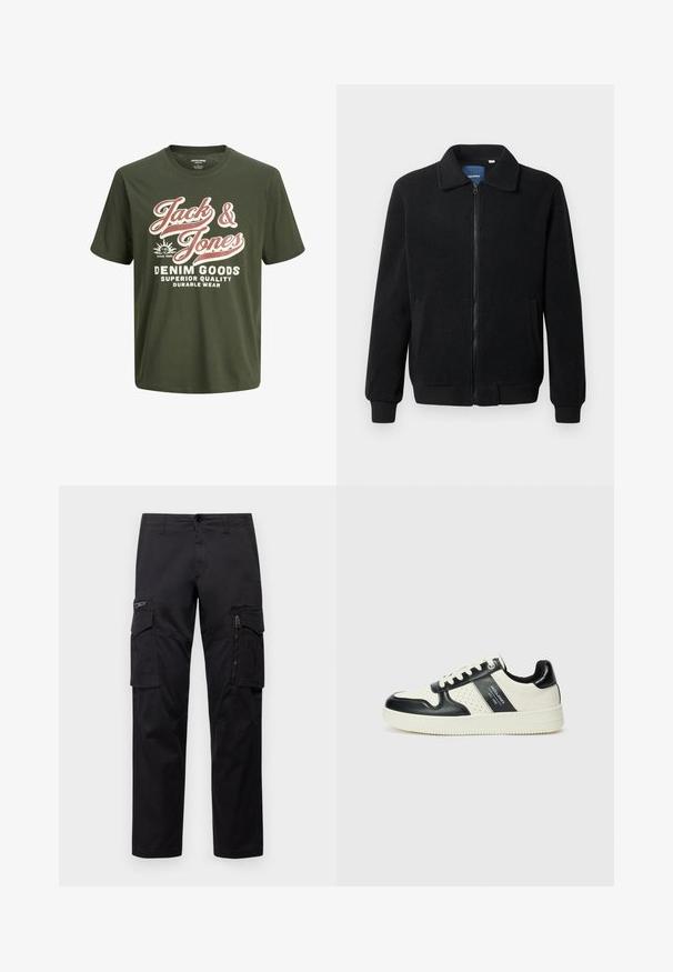 Svart fleece jakke med glidelås, høy krage, ribbestrikkede mansjetter og sidelommer med strukturert overflate.; Grønn bomull T-skjorte med korte ermer og rund hals, med stor hvit og rosa tekst som leser "Jack & Jones Denim Goods" samt logo.; Sorte cargo bukser med flere lommer, en lynlåslomme på låret, rett passform og solid bomullsstoff med lett glans.; Lædersneakers med sort og creme farveskema, der har perforerede detaljer, en polstret krave og en struktureret ydersål.