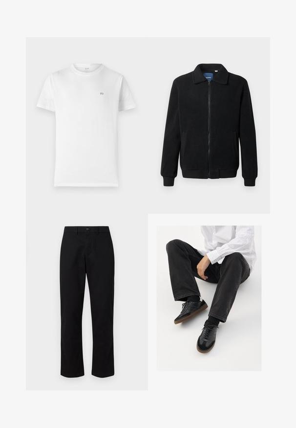 Zwarte fleece jas met een ritssluiting, staande kraag, ribgebreide manchetten en zijzakken met een textuur.; Witte katoen t-shirt met een klassieke ronde hals, korte mouwen en een klein, grijs GAP-logo op de linkerkant van de borst. Eenvoudig, onopgesmukt ontwerp.; GAP SLIM PERFORMANCE STRETCH - Chino - true black; Zwarte sneakers met een glad en textuur detail, voorzien van een rubberen zool en donkere veters. Gecombineerd met zwarte jeans en een wit gestreept shirt.