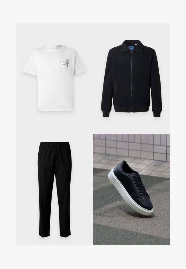 Musta fleece-takki, jossa on vetoketjulla suljettavat, pystykaulus, ribbireunat ja sivutaskut, joissa on teksturoitu pinta.; Valkoinen puuvillainen t-paita lyhyillä hihoilla, jossa on painettu grafiikka vasemmassa rintakohdassa. Suunnittelussa on tekstiä ja palmun lehtiä.; Mustat housut, joissa on joustava vyötärö, suoran lahkeen muotoilu. Kangas vaikuttaa sileältä ja mattapintaiselta, ilman näkyviä kuvioita.; Mustat nahkakengät, joissa on pyöristetty kärki ja valkoinen kumipohja. Varusteena litteät nauhat ja minimaalinen ommel ylhäällä. Teksturoitu pohja pitävyyden lisäämiseksi.