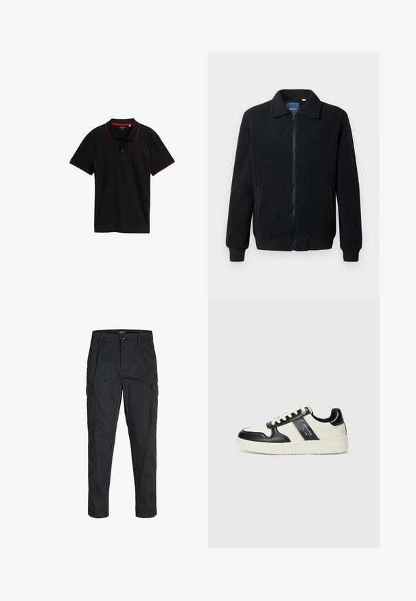 Fekete bolyhos dzseki cipzárral, állógallérral, bordázott mandzsettákkal és oldalzsebekkel, textúrált felülettel.; Fekete póló, textúrált anyagból, piros gallérral és ujjakkal, három gombos nyakkivágással, rövid ujjakkal és látható minták nélkül.; Fekete cargo nadrág, amely tartós anyagból készült, több zsebet tartalmaz, gombos záródással rendelkezik, és karcsú szabású, szűkített lábakkal bír.; Fekete és krém színű bőrsneaker, perforált díszítésekkel, párnázott bokapánttal és texturált talppal.