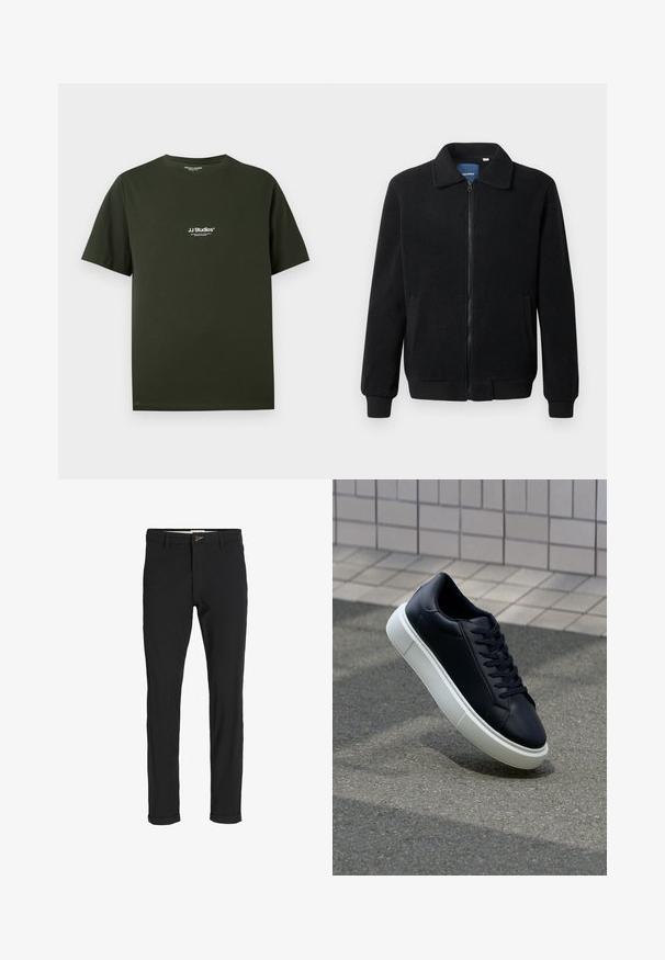 Černá fleecová bunda s zipovým uzávěrem, stojáčkem, vroubkovanými manžetami a bočními kapsami s texturovaným povrchem.; Tmavě zelené bavlněné tričko s kulatým výstřihem a krátkými rukávy, s bílým potiskem loga "JJ Studios" na levé části hrudi.; Černé kalhoty z bavlněné směsi s úzkým střihem, s knoflíkovým zapínáním, kapsami a ohrnutými manžetami pro uvolněný vzhled.; Černé kožené tenisky s kulatou špičkou a bílou gumovou podrážkou. mají ploché tkaničky a minimální šití na svršku. Texturovaná podrážka pro lepší přilnavost.