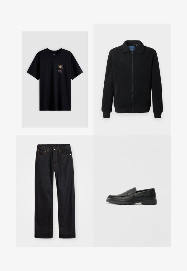 Melnā vilnas jaka ar rāvējslēdzēju, stāvošu apkakli, ribotām piedurknēm un sānu kabatām ar teksturētu virsmu.; Melnas kokvilnas t-kreklis ar mazu zelta saules grafiku un Levi's logotipu baltā krāsā. Klasiska apaļa kakla izgriezums un īsas piedurknes. Vienkāršs dizains.; Vīriešu taisno kāju melnie džinsi ar piecām kabatām un oranžu izšuvumu, ar pogu un zipa aizdari priekšējā jostas daļā.; Melnas ādas loafers ar gludu apdari, mokasīnu stila augšdaļu, šūtu detalizāciju un gumijas zoli. Klasisks dizains ar zemu papēdi.