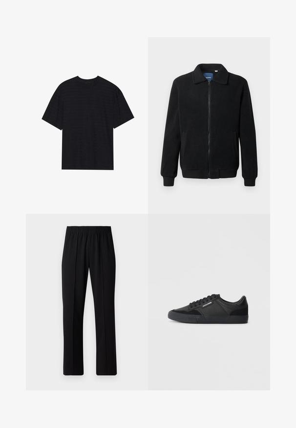 Černá fleecová bunda s zipovým uzávěrem, stojáčkem, vroubkovanými manžetami a bočními kapsami s texturovaným povrchem.; Černé tričko s krátkým rukávem s jemnou pruhovanou strukturou, volný střih a kulatým výstřihem. Měkký materiál bez viditelných log.; Černé kalhoty s elastickým pasem a rovnými nohavicemi, s hladkým povrchem a bez viditelných vzorů nebo kovových doplňků.; Černé tenisky s kombinací kožených a semišových materiálů, kulaté tkaničky, strukturovaná gumová podrážka a logo značky na boku.