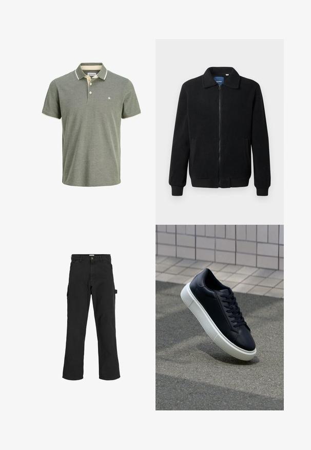 Musternahk fleece-jakk musternahaga, tõmblukk, seisev kaelus, soonikkoes varrukad ja küljetaskud tekstuurse pinnaga.; Roheline polo särk, millel on tekstuuriga kangas, kreemja äärisega krae, kahe nupuga klapp ja väike logo rinnal.; Mustad seljandavad püksid puuvilla ja sünteetilise segu kangast. Omavad laiu jalgu, ees kaldus taskuid ning külgtaskut, millel on tarvikute jaoks silmus.; Mustast nahast tennisetoss, millel on ümar nina ja valge kummist tall. Omab siredaid paelu ja minimaalset õmblemist ülemises osas. Tekstuuriga tald, mis tagab haakuvuse.