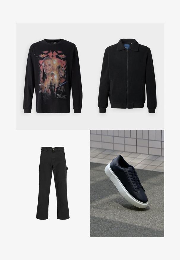 Musternahk fleece-jakk musternahaga, tõmblukk, seisev kaelus, soonikkoes varrukad ja küljetaskud tekstuurse pinnaga.; Must musta-särgid musta pikkade varrukatega, millel on värvikas graafiline trükk filmist "Tähtede sõda: Osa I - Phantom Menace", kus on erinevad tegelased ja detailid.; Mustad seljandavad püksid puuvilla ja sünteetilise segu kangast. Omavad laiu jalgu, ees kaldus taskuid ning külgtaskut, millel on tarvikute jaoks silmus.; Mustast nahast tennisetoss, millel on ümar nina ja valge kummist tall. Omab siredaid paelu ja minimaalset õmblemist ülemises osas. Tekstuuriga tald, mis tagab haakuvuse.