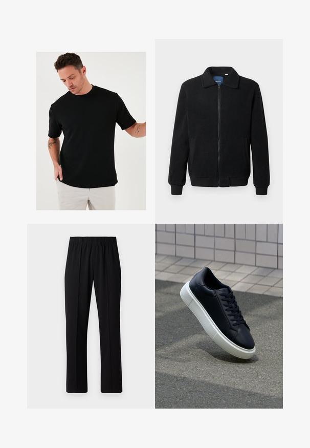 Jachetă din fleece neagră, cu închidere prin fermoar, guler înalt, manșete ribbate și buzunare laterale cu o suprafață texturată.; Tricou negru cu mânecă scurtă, realizat dintr-un material texturat, având un guler rotund, cu o croială lejeră și un design minimal.; Pantaloni negri cu talie elastică, cu un design cu picioare drepte, având o textură netedă și fără modele sau accesorii vizibile.; Tenis cu piele neagră, cu vârful rotund și talpă din cauciuc alb. Are șireturi plate și cusături minime pe suprafață. Tălpile texturate oferă aderență.