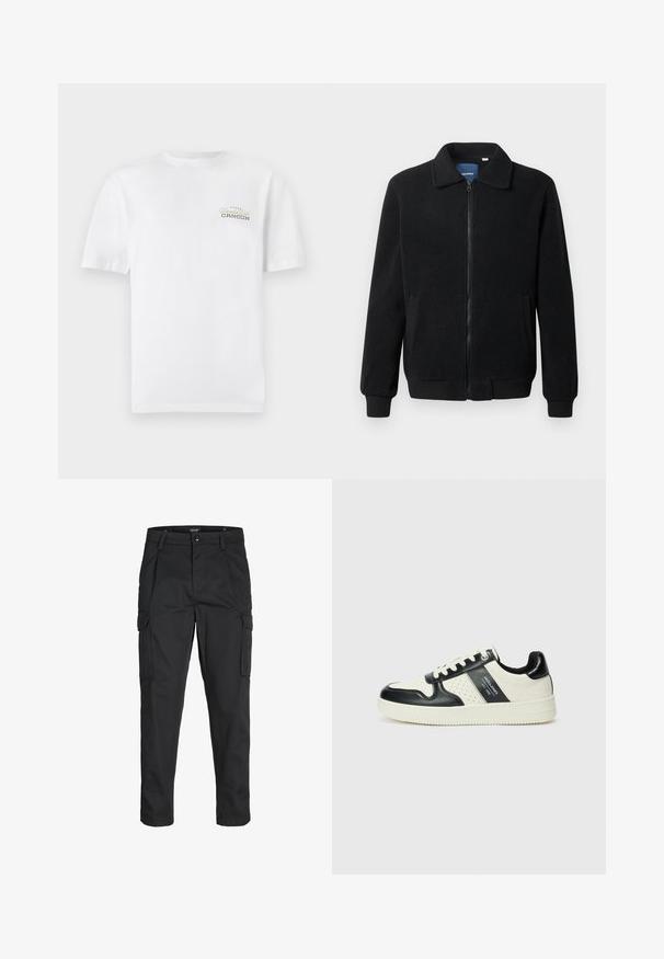 Black fleece jacket featuring a zip closure, stand collar, ribbed cuffs, and side pockets with a textured surface.; White cotton t-shirt with short sleeves, crew neckline, and a small printed logo in black and gold that reads "Cancun."; Black cargo pants made of sturdy fabric, featuring multiple pockets, a button closure, and a slim fit design with tapered legs.; Leather sneakers with a black and cream color scheme, featuring perforated accents, a padded collar, and a textured outsole.