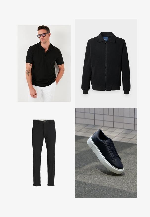 Musternahk fleece-jakk musternahaga, tõmblukk, seisev kaelus, soonikkoes varrukad ja küljetaskud tekstuurse pinnaga.; Must must värviline polo särk kolme nupuga, lühikesed varrukad, sujuvast kangast. Õlal on nähtavad tätoveeringud.; Mustast puuvillasegustest pükstest õhukese lõikega, milles on nööbikinnitus, taskud ja keeratud sääred, et saavutada lõdva lõppviimistluse.; Mustast nahast tennisetoss, millel on ümar nina ja valge kummist tall. Omab siredaid paelu ja minimaalset õmblemist ülemises osas. Tekstuuriga tald, mis tagab haakuvuse.