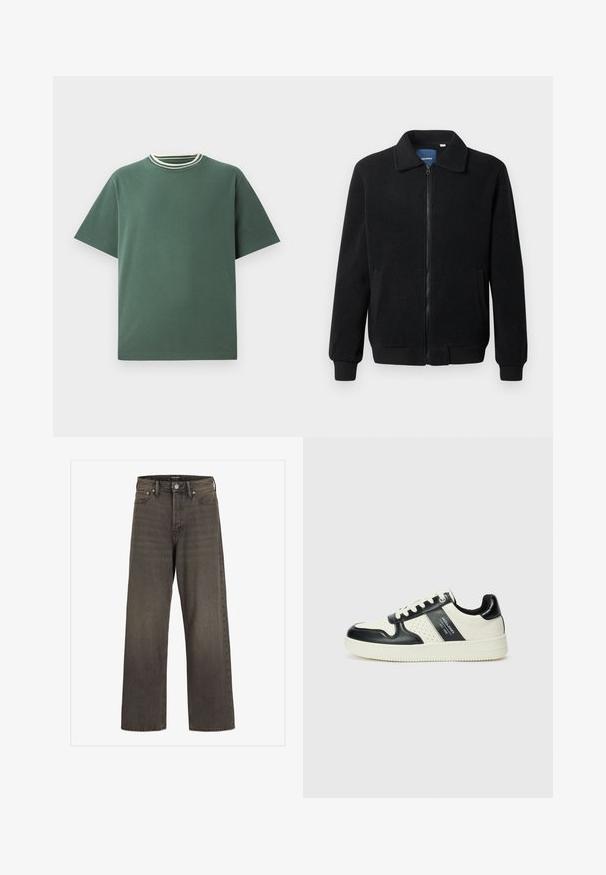 Melnā vilnas jaka ar rāvējslēdzēju, stāvošu apkakli, ribotām piedurknēm un sānu kabatām ar teksturētu virsmu.; Zaļš kokvilnas T-krekls ar īsām piedurknēm un ribotu apaļu kakla izgriezumu, kas rotāts ar baltām un tumši zaļām svītrām. Taisna apakša, minimālistisks dizains.; Platas kājas džinsi tumši pelēkā denima, ar augstu jostasvietu, klasisku piecu kabatu dizainu un kontrastējošām šuvēm.; Ādas sporta apavi ar melnbaltu krāsu shēmu, ar perforētiem akcentiem, mīkstinātu apkakli un teksturētu zoli.