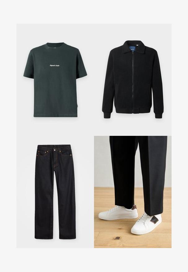 Svart fleece jakke med glidelås, høy krage, ribbestrikkede mansjetter og sidelommer med strukturert overflate.; Mørkegrønn bomulls t-skjorte med rund hals, korte ermer og hvit brodert tekst "Original Studio" på brystet. Glatt tekstur.; Men's straight-leg svarte denim jeans med fem lommer og oransje søm, knapp og glidelås lukking foran på midjen.; Hvite sneakers med glatt tekstur, med brune skinnakenter og svart detaljer, parret med svarte skreddersydde bukser. Bakgrunn med tregulv.