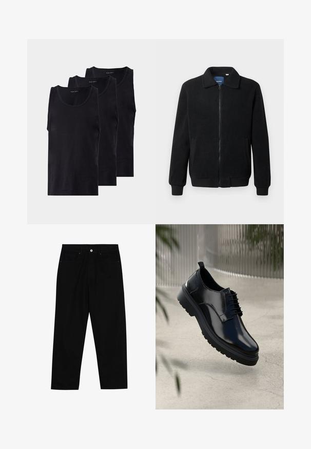 Juodas fliso džemperis su užtrauktuku, stovinčia apykakle, gumuotais rankogaliais ir šoninėmis kišenėmis, turinčiomis tekstūruotą paviršių.; Juodos medvilninės be rankovių marškinėliai trijose pakuotėse, su apvaliu iškirpimu ir klasikine forme. Glotni tekstūra.; Juoda džinsinė kelnė su tiesiu kirpimu, penkių kišenių dizainu ir priekiniais mygtukais. Lygus paviršius su minimaliu siuvimo detalėmis.; Juodas odinis batas su blizgiu paviršiumi, apvalia nosimi, laikantis šniurelių dizainu, kontrastingomis siūlėmis ir storu guma padu su raštuotais protektoriais.