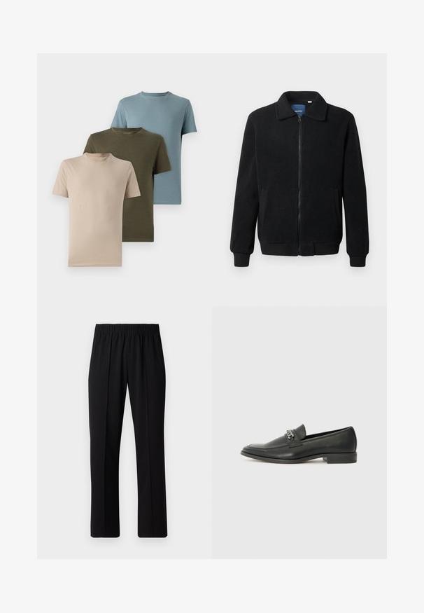 Sort fleecejakke med lynlås, opretstående krave, ribbede manchetter og sidelommer med en tekstureret overflade.; Tre kortærmede t-shirts i beige, olivengrøn og lyseblå, lavet af blødt stof med rund hals og et enkelt design.; Sorte bukser med elastisk talje og lige ben, der har en glat tekstur og ingen synlige mønstre eller hardware.; Sorte læder loafers med en glat finish, der har et syet design og et dekorativt metal kædeaccent hen over vamps. Flad hæl.