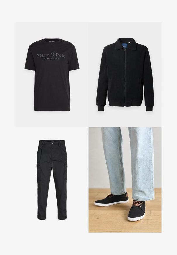 Črna flis jakna z zadrgo, stoječim ovratnikom, rebrastimi zapestji in stranskimi žepi s teksturirano površino.; Črna bombažna majica s kratkimi rokavi in krožnim izrezom. Spredaj je izpisano "Marc O'Polo" in "EST. IN STOCKHOLM" v kontrastnem tisku.; Črne cargo hlače iz trdnega blaga, ki imajo več žepov, gumbasto zapiranje in ozek kroj z zožanimi nogami.; Črne platnene superge z rjavimi poudarki, belimi gumijastimi podplati in rjavimi vezalkami, v kombinaciji s svetlobluzimi naravnost krojenimi kavbojkami. Ozadje iz lesenih tal.