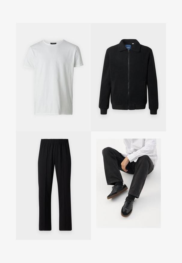 Čierna flísová bunda s uzáverom na zips, stojatým golierom, rebrovanými manžetami a bočnými vreckami s textúrovaným povrchom.; Biely krátky rukáv s okrúhlym výstrihom, vyrobený z bavlny s hladkou textúrou. Obsahuje štítok na golieri. Jednoduchý, hladký dizajn.; Čierne nohavice s elastickým pásom a rovnými nohavicami, majú hladkú textúru a žiadne viditeľné vzory ani kovové doplnky.; Čierne tenisky s hladkým a textúrovaným zvrškom, s gumovou podrážkou a tmavými šnúrkami. Kombinované s čiernymi džínsami a bielo-prúžkovanou košeľou.