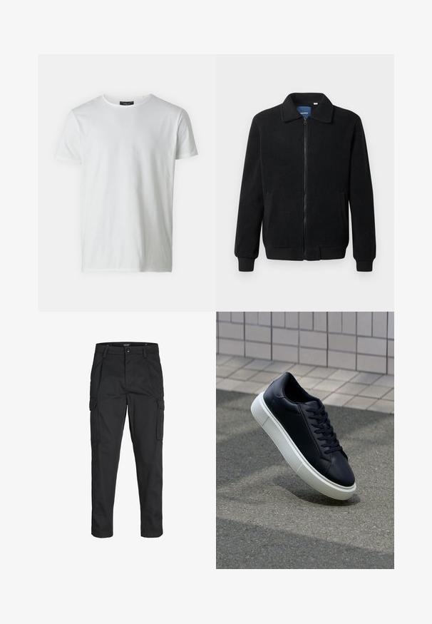 Black fleece jacket featuring a zip closure, stand collar, ribbed cuffs, and side pockets with a textured surface.; White short-sleeve crew neck t-shirt made of cotton with a smooth texture. Features a tag at the collar. Simple, plain design.; Black cargo pants made of sturdy fabric, featuring multiple pockets, a button closure, and a slim fit design with tapered legs.; Black leather sneaker with rounded toe and white rubber sole. Features flat laces and minimal stitching on the upper. Textured sole for grip.