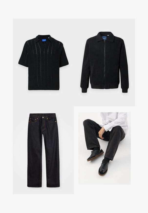 Melnā vilnas jaka ar rāvējslēdzēju, stāvošu apkakli, ribotām piedurknēm un sānu kabatām ar teksturētu virsmu.; Melnā adītā polo krekls ar īsām piedurknēm, ar V-veida kaklu, caurspīdīgu rakstu un ribotām aprocēm. Marķējums redzams iekšpusē pie apkakles.; Vīriešu taisno kāju melnie džinsi ar piecām kabatām un oranžu izšuvumu, ar pogu un zipa aizdari priekšējā jostas daļā.; Melnas sporta kurpes ar gludu un teksturētu virsu, apgādātas ar gumijas zoli un tumšiem auklām. Saskaņotas ar melniem džinsiem un baltu svītrainu krekls.