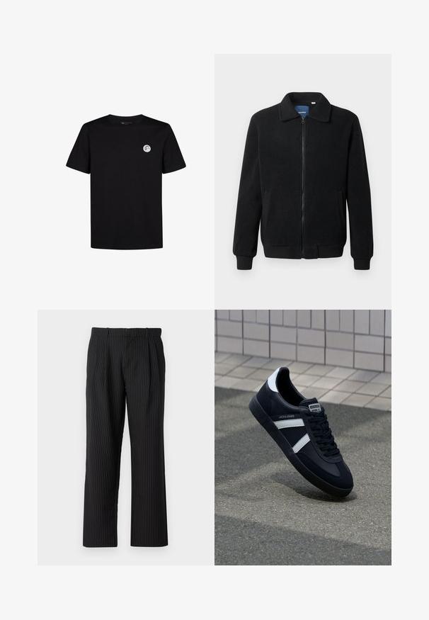 Giacca in pile nera con chiusura zip, colletto alto, polsini a coste e tasche laterali con superficie strutturata.; T-shirt in cotone nero con maniche corte e colletto tondo. Presenta un piccolo logo circolare nella zona sinistra del petto. Design semplice.; Jack & Jones JPSTBILL JJDAYTONA WIDE - Pantaloni - black; Sneaker neri in pelle con strisce bianche, suola in gomma texturizzata e allacciatura frontale. Presenta un'etichetta con il marchio sulla linguetta.
