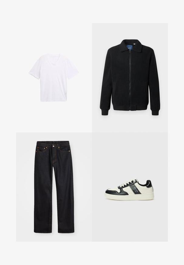 Schwarze Fleecejacke mit Reißverschluss, Stehkragen, gerippten Bündchen und seitlichen Taschen mit strukturiertem Oberflächenmaterial.; Weißes V-Ausschnitt-T-Shirt aus leichtem Baumwollstoff. Kurze Ärmel und lockere Passform. Glatte Textur ohne grafische Muster oder Akzente.; Herren gerade geschnittene schwarze Jeans aus Denim mit fünf Taschen und orangefarbenen Nähten, Knopf- und Reißverschluss vorne am Bund.; Leder-Sneaker in Schwarz- und Cremetönen, mit perforierten Akzenten, einem gepolsterten Kragen und einer strukturierten Laufsohle.