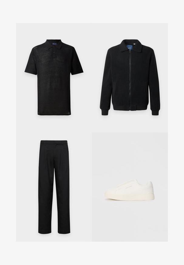 Schwarze Fleecejacke mit Reißverschluss, Stehkragen, gerippten Bündchen und seitlichen Taschen mit strukturiertem Oberflächenmaterial.; Schwarzes Polohemd aus strukturiertem Strickstoff. Mit kurzen Ärmeln, einem Kragen und einer Knopfleiste mit drei Knöpfen. Leichtes Design, lässige Passform.; Schwarze Hose aus glattem Stoff, mit geradem Bein Design, zwei vorderen Falten und einem Standardbund mit Gürtelschlaufen.; Weiße Slip-On-Sneaker mit einer strukturierten Oberfläche, dicker Sohle und minimalistischem Design. Mit Logo der Marke an der Seite.