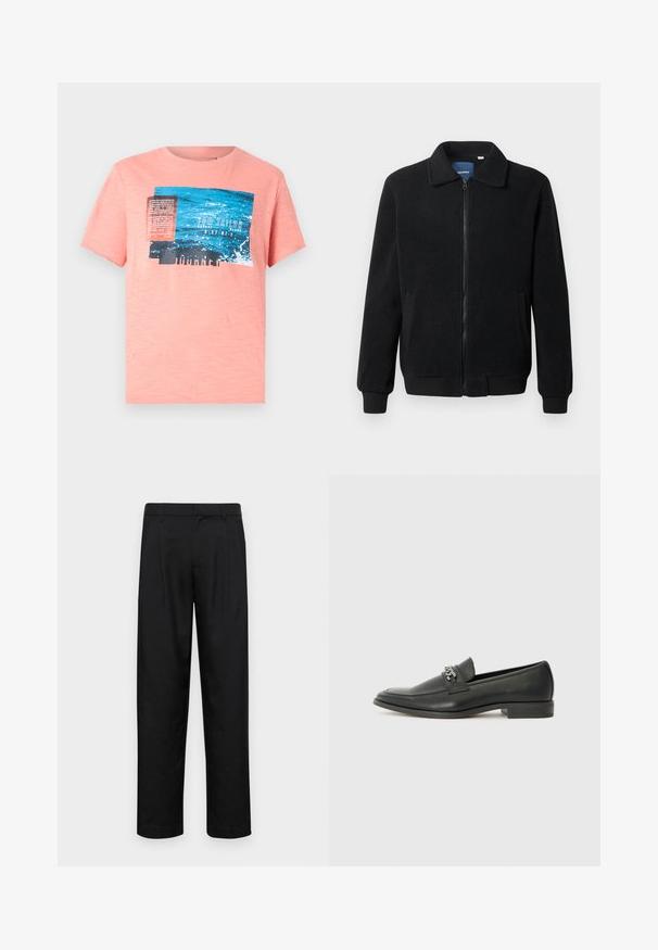 Musternahk fleece-jakk musternahaga, tõmblukk, seisev kaelus, soonikkoes varrukad ja küljetaskud tekstuurse pinnaga.; Peamine lühikese varrukaga t-särk, millel on sinine ja must graafiline print, koos tekstiga ja veetrapetsite detailidega. Pehme, kerge kangas.; Mustad mustadest riietest, millel on sirge jalgade disain, kaks eesmist voltimist ja tavaline vöökoht, millel on vöökohad.; Must haveate nahkking punased, millel on sile viimistlus, tikitud muster ja dekoratiivne metallkett vampi üle. Tasane konts.