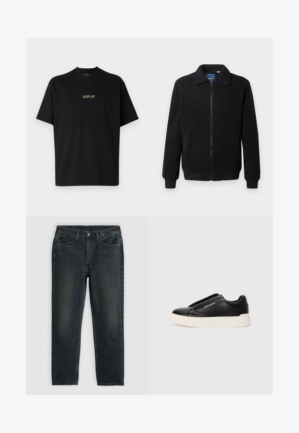 Sort fleecejakke med lynlås, opretstående krave, ribbede manchetter og sidelommer med en tekstureret overflade.; Sort kortærmet t-shirt lavet af bomuld, med en rund halsudskæring og et gyldent "REPLAY" logo trykt på forsiden.; Mørkeblå denimjeans med lige ben, der har fem lommer, lynlås og kontrasterende syninger. Diskret falming på stoffet.; Sort slip-on sneakers med tekstureret læderoverdel, hvid gummisål og uden synlige snørebånd. Har brandlogo på siden.