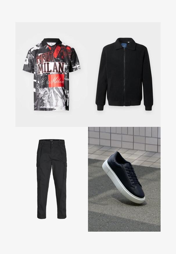 Schwarze Fleecejacke mit Reißverschluss, Stehkragen, gerippten Bündchen und seitlichen Taschen mit strukturiertem Oberflächenmaterial.; Kurzarm-Polo-Shirt aus leichtem Material, mit schwarzem Grund und roten sowie weißen Grafikdrucken, Texten und unterschiedlichen Texturen.; Schwarze Cargo-Hose aus robustem Material, mit mehreren Taschen, einem Knopfverschluss und einem Slim-Fit-Design mit schmal zulaufenden Beinen.; Schwarze Leder-Sneaker mit runder Zehenpartie und weißer Gummisohle. Verfügt über flache Schnürsenkel und minimale Nähte im Obermaterial. Strukturiertes Sohlenprofil für besseren Halt.