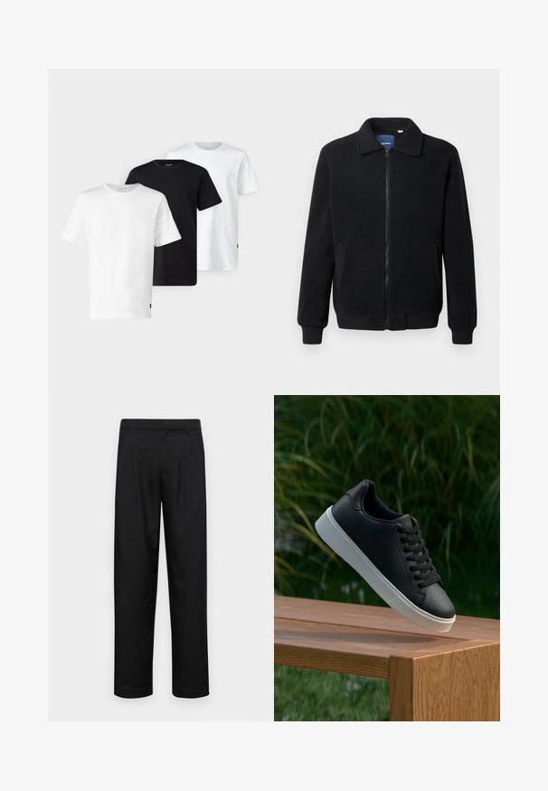 Giacca in pile nera con chiusura zip, colletto alto, polsini a coste e tasche laterali con superficie strutturata.; Tre T-shirt in bianco, nero e bianco, con maniche corte, design a girocollo e realizzate in morbido e traspirante tessuto di cotone.; Pantaloni neri realizzati in tessuto liscio, caratterizzati da un taglio dritto, due pieghe frontali e una vita standard con passanti per la cintura.; Sneaker in pelle nera con una texture liscia, suola in gomma bianca e sei grommet per i lacci, posizionata su una superficie di legno.