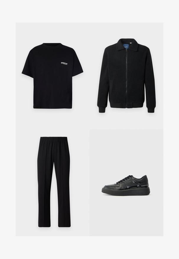 Čierna flísová bunda s uzáverom na zips, stojatým golierom, rebrovanými manžetami a bočnými vreckami s textúrovaným povrchom.; Čierne bavlnené tričko s okrúhlym výstrihom, krátkymi rukávmi a bielym logom na ľavej hrudi. Jednoduchý, neohraný dizajn.; Čierne nohavice s elastickým pásom a rovnými nohavicami, majú hladkú textúru a žiadne viditeľné vzory ani kovové doplnky.; Čierne kožené tenisky s hladkým povrchom, okrúhlou špičkou a kontrastnou čiernou gumovou podrážkou. Majú ploché šnúrky a branding na boku.
