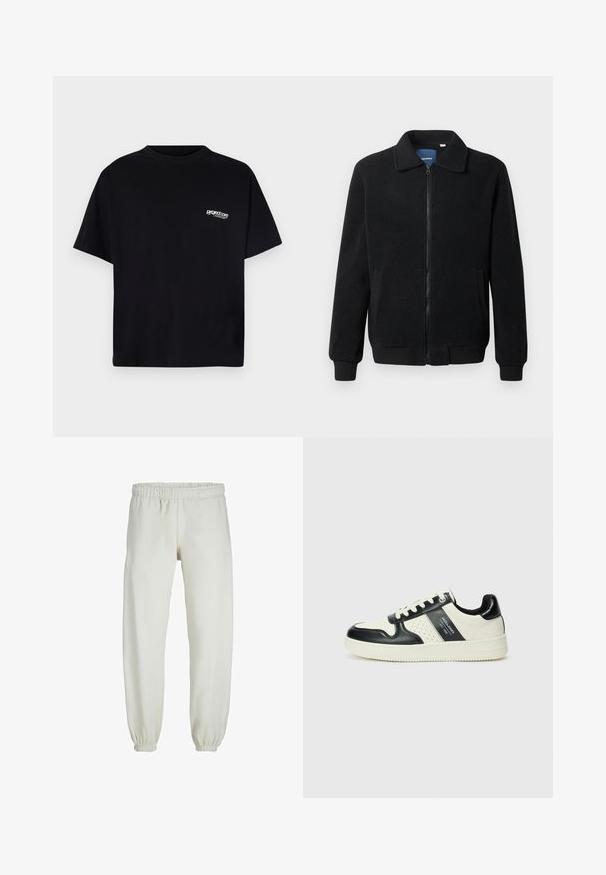 Čierna flísová bunda s uzáverom na zips, stojatým golierom, rebrovanými manžetami a bočnými vreckami s textúrovaným povrchom.; Čierne bavlnené tričko s okrúhlym výstrihom, krátkymi rukávmi a bielym logom na ľavej hrudi. Jednoduchý, neohraný dizajn.; Biele teplákové nohavice vyrobené z mäkkej textílie, s elastickým pásom a manžetami, s hladkým povrchom a voľným strihom.; Kožené tenisky v čierno-krémovej farbe, s perforovanými akcentmi, polstrovaným golierom a štruktúrovanou podrážkou.