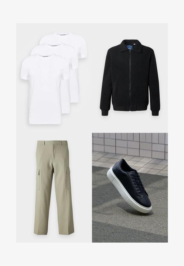 Juodas fliso džemperis su užtrauktuku, stovinčia apykakle, gumuotais rankogaliais ir šoninėmis kišenėmis, turinčiomis tekstūruotą paviršių.; Trijų paprastų baltų marškinėlių komplektas, apvaliu kaklu, trumpomis rankovėmis, pagamintas iš minkštos medvilnės audinio su sklandžiu paviršiumi.; Šviesiai žali krovinių kelnės su tiesiu kirpimu, turinčios šonines kišenes ir lygią audinio tekstūrą. Pateiktas vaizdas iš nugaros.; Juodas odinis sportbačius su apvaliu pirštu ir baltu gumuotu padu. Turi plokščias raišteles ir minimalų siuvimą viršuje. Padangos tekstūra užtikrina sukibimą.