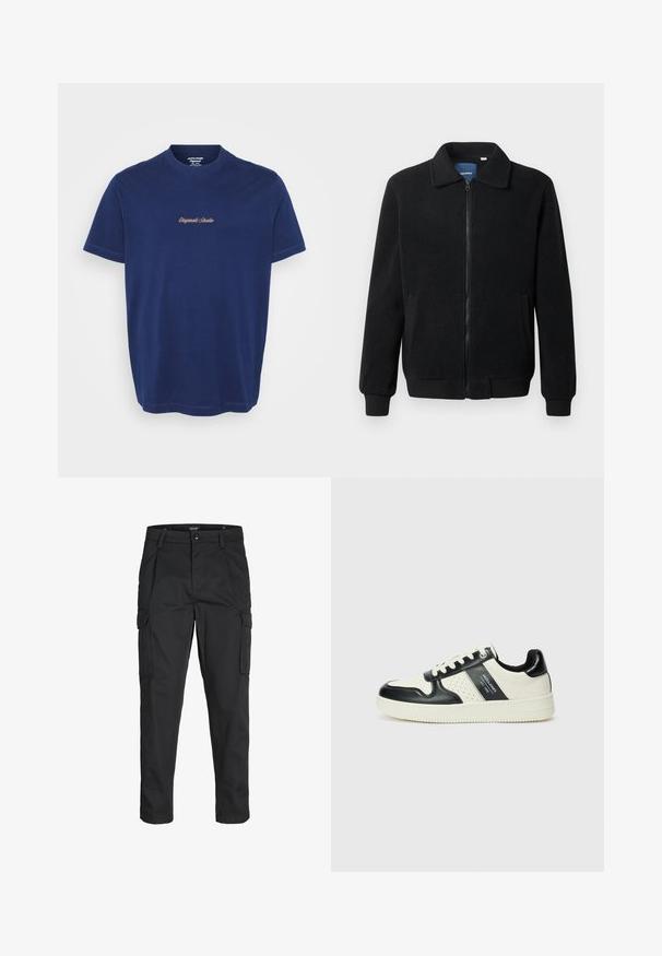Svart fleece jakke med glidelås, høy krage, ribbestrikkede mansjetter og sidelommer med strukturert overflate.; Mørkeblå bomulls t-skjorte med rund hals og korte ermer; "Originals Studio" brodert med kontrasterende beige tråd på brystet.; Sorte cargo bukser laget av slitesterkt stoff, med flere lommer, knappelukking og en slim fit-design med avsmalnede ben.; Lædersneakers med sort og creme farveskema, der har perforerede detaljer, en polstret krave og en struktureret ydersål.